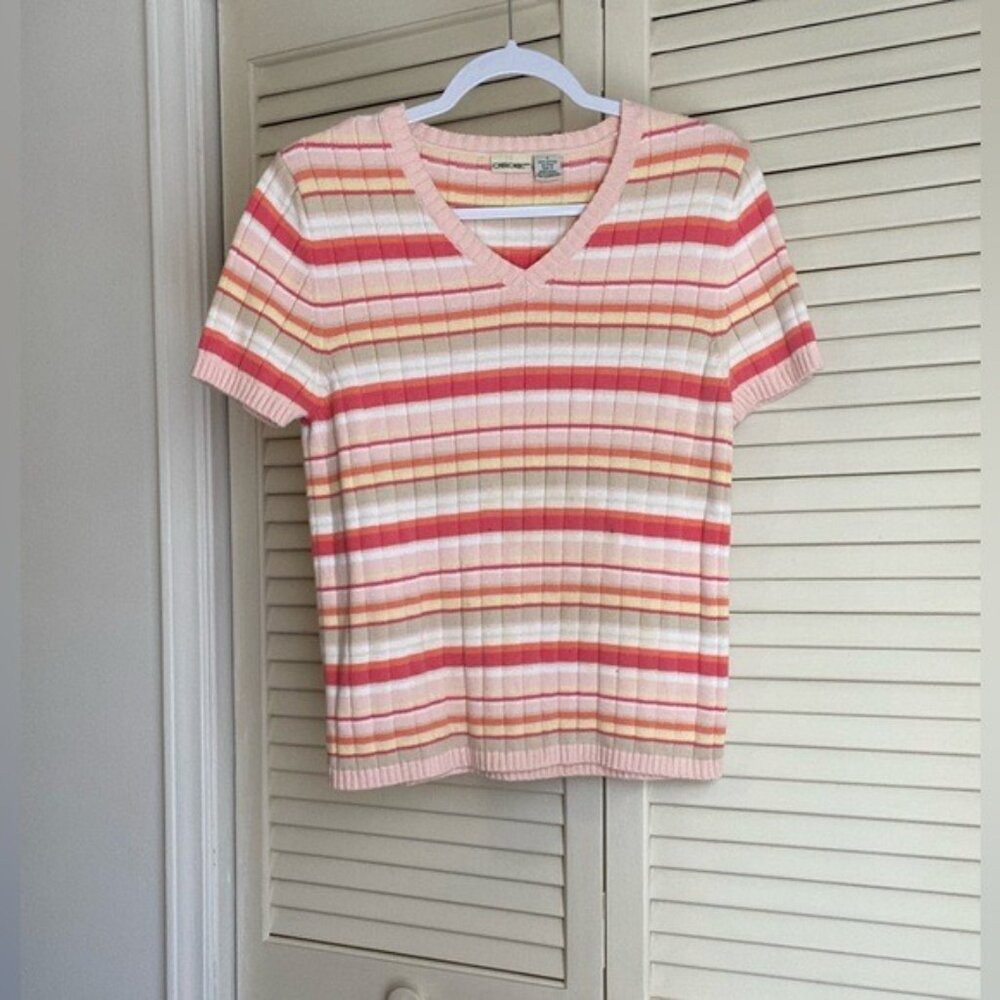 Vintage 90's Cherokee Ribbed Striped Cotton V-Neck Short Sleeve Sweater Size L